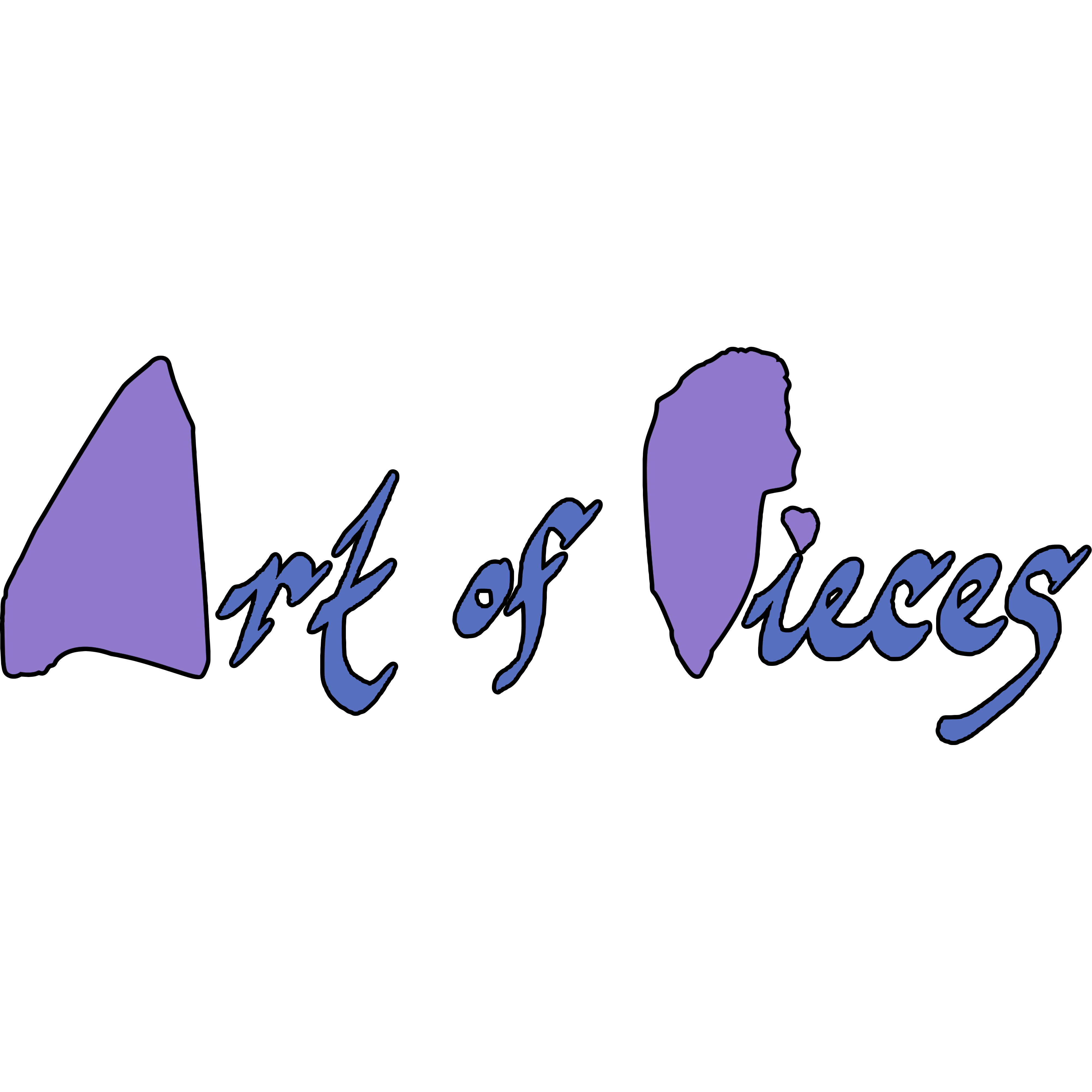 The 2024 revamp of the logo for my mother's art brand Art of Pieces.  It features lettering based on her broken glass art and her calligraphy that reads 'Art of Pieces'.